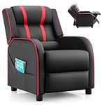 COSTWAY Children Recliner Chair, PU Leather Kids Armchair Sofa with Adjustable Backrest & Footrest, Side Pocket, Upholstered Gaming Lounger for Boys Girls (Black+Red)