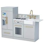 Teamson Kids Little Chef Charlotte Modern Modular Interactive Wooden Play Kitchen with Refrigerator, Stove and Sink in Grey with Gold Accents