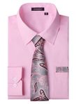 HISDERN Mens Pink Shirts and Tie Set Long Sleeve Formal Dress Shirt wiht Pocket Casual Button Down Plain Shirts for Wedding Party L