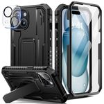 seacosmo for iPhone 15 Case with Kickstand [Built-in Tempered Glass Screen Protector & Camera Lens Protector], Military Grade [Shockproof] [Dropproof] Heavy Duty Case iPhone 15 Hard Rugged Phone Cover