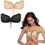 SANZHENG Sticky Bra 2 Pairs Strapless Backless Adhesive Invisible Lift up Push up Bra，Reusable Silicone Self-Adhesive Bra (Black Drawstring Bra, D)