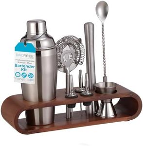BIRDROCK HOME 10 Piece Professional Bartender Cocktail Mixing Set with Acacia Wood Stand | Stainless Steel Bar Tools for Home | Gift for Him | Includes Shaker, Muddler, Strainers, Jigger, and Spoon
