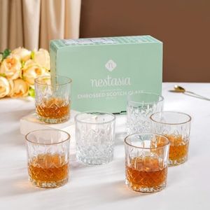 Nestasia Set of 6 Prism Cut Whiskey Glasses (230ml Each) | Thick-Walled, Wide Mouth, Durable & Dishwasher Safe | Perfect for Bourbon, Whiskey, Scotch, Cocktails & Gifting