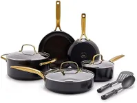 Blue Diamond Gold 10 Piece Cookware Pots and Pans Set, Induction Suitable, Diamond Infused PFAS and PFOA-Free Ceramic Nonstick, Durable, Metal Utensil Safe, Dishwasher Safe, Gold Handle, Black