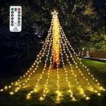 Outdoor Christmas Decorations Star String Lights, 317 LED 8 Modes Waterfall Tree Lights with Topper Star Christmas Lights Indoor Outdoor Decorative for Yard Party Home Holiday Decor (Warm White)