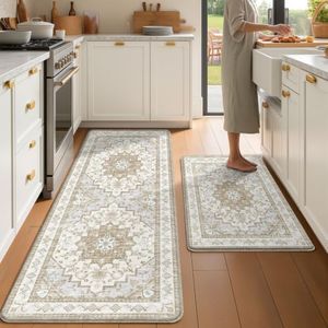 tubeamin Boho Kitchen Mats for Floor 2 Piece Set Anti Fatigue Cushioned PVC Kitchen Rugs Non Slip Waterproof Farmhouse Mats 2/5 Inch Comfort Standing Mat for Sink, Laundry, 24"x39"+24"x59",C4