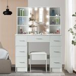 White Vanity Table Set with Mirror & 7 Storage Drawers, Makeup Desk with Cushioned Stool Set, Multiple Storage Shelves, Modern Bedroom Dresser Vanity Dressing Table
