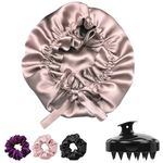 Silk Satin Hair Bonnet Reversible Sleep, Cap Adjustable Satin Bonnet for Curly Hair, Head wrap for Sleeping, Silk Bonnet for Hair with FREE Hair Scalp Massager, and 3 Scrunchies for Women (Rose Taupe)