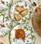 GOLDEN QUEEN'S Bone China Snack/Side Plates - Set Of 4 For Snacks & Dinner; 7 Inches, Microwave Safe (Birds & Green Floral)