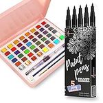 5 Black Paint pens Extra fine Point tip and Watercolor Paint Set, 48 Vivid Colors in Tin Box, Bundle for Adults and Kids, Art Supplies for Beginners and Professional Artist