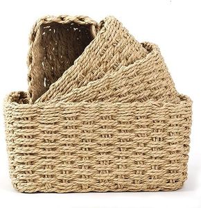 VORHOT Lot de 4 Panier Rangement Tissé en Corde de Papier, Boho Paniers de Décoration, Corbeille Rangement Panier Table a Langer Bebe, Empilable Organisateur pour Salon étagères Chambre à Coucher
