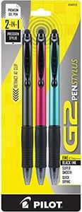 Pilot, G2 Pen Stylus, Fine Point 0.7 mm, Pack of 3, Black Ink, Gray/Red/Turquoise Barrel