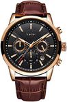 LIGE Mens Watches Chronograph Leather Waterproof Analogue Quartz Stainless Steel Business Classic Men's Wrist Watches, Gold brown, 8.07, Chronograph