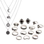 TOPWAYS® Boho Style Vintage Punk Necklace Rings Party Jewelry Sets, including Multi layer Long Necklace and Women Joint Knuckle Retro Ring Set Plated Silver 15PCS (15 pcs black set)