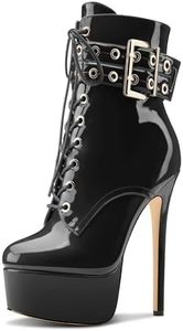 Aachcol Womens Stiletto High Heel Platform Ankle Boots Round Toe Lace-up Zipper Mid Calf Buckle Patent Leather Dress Booties, Black, 12