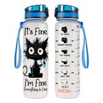 Cat Gifts, Black Cat Water Bottle 32 oz with Time Marker, It's Fine I'm Fine Cat Bottle, Cat Gifts for Cat Lovers, Crazy Cat Gifts, Gifts for Halloween