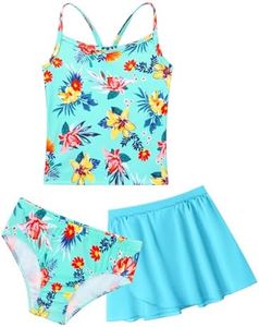 Swimsuit for Girls Size 8-9 Years Old 3 Piece Green Yellow Flower Bathing Suit with Skirt for Surfing