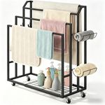 4-Tier Freestanding Towel Rack with Wheels & Storage Shelf - Metal Floor Towel Stand for Bathroom, Laundry Room, Bedroom - Drying Rack with Hooks, Blanket Holder (Black)