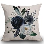 Smooffly Floral Cushion Cover Farmhouse Decorative Velvet Pillow Covers Navy Watercolor Flowers Pillowcase Boho Roses Blue White Square Throw Pillow Cover Sofa Bed Décor 18X18 inch 45x45 cm