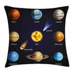 ABAKUHAUS Educational Throw Pillow Cushion Cover, Realistic Solar System Planets and Space Objects Asteroids Comet Universe Space, Decorative Square Accent Pillow Case, 16 X 16 Inches, Multicolor