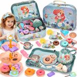 Lajeje 52Pcs Mermaid Tea Party Set for Little Girls, Pretend Tin Teapot Set with Metal Carrying Case, Little Mermaid Princess Toys, Stocking Stuffers for Kids, Birthday Gift for Age 3-6 Year Olds