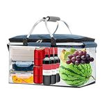 Picnic Basket Travel Bags - Picnic Basket With 2 Handle And Lid | 600D Oxford Basket Cooler, Foldable Pinic Basket | Insulated Shoping Basket For Travel Use