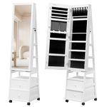 Jewelry Cabinet,42.5" Lockable Standing Jewellery Mirror Cabinet with Two Drawers, 360° Swivel Jewellery Cabinet with Lights on Four Wheels, Full Length Mirror, White JC37503B
