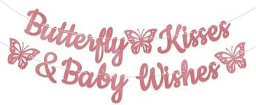 Butterfly Kisses & Baby Wishes Banner, Butterfly Baby Shower Decorations, Butterfly Themed Baby Shower Gender Reveal Party Decorations for Girl/Boy, Rose Gold Glitter