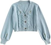 ZAFUL Women's Button Up Embroidered Cable Knit Cardigan V Neck Long Sleeve Cropped Sweater, 3-pastel Blue, One Size