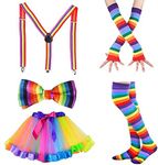 AUTOWT 80s Women Costume Accessories Set, Rainbow Fancy Outfits Long Stretchy Gloves Socks Tulle Tutu Skirt Adjustable Suspender Bow ties for Cosplay Themed Party