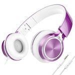 AILIHEN MS300 Wired Headphones with Microphone for Chromebook Laptop Computer Smartphone, 3.5mm Foldable Lightweight Headset for School Teen Girls Teenager Online Zoom (Purple)