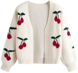 GORGLITTER Girl's Cherry Pattern Open Front Cardigan Long Sleeve Lightweight Knit Sweater Tops Beige 11-12Y