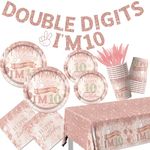 142pcs 10th Birthday Decorations for Girl,Rose Gold Double Digits Birthday Decorations Tableware Happy 10th Birthday Plates and Napkins Cups Tablecloth for Girl 10 Year Old Birthday Decorations