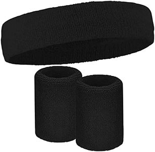 Tough Headwear Sweatbands Set - Terry Cloth Sweatbands for Tennis, Working Out, Sports, Basketball, Gym, Cosplay Costume - Headband & Wristbands Set for Men & Women - Stretchy & Soft Cotton - Black