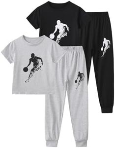 Fdqin Boys 4 Piece Outfits Kids Colorblock Short Sleeve T-Shirts and Pants Clothes Set Size 3-12 Years Grey Black