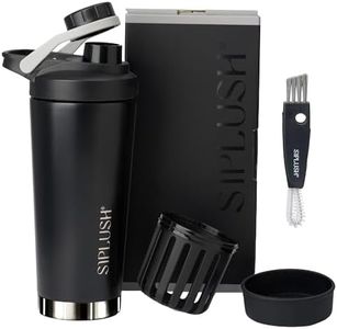 SIPLUSH Paradise Shaker Bottle, 24 oz Insulated Stainless Steel Protein Shaker with Lid Brush & Protective Boot, Leakproof Twist-Off Cap, Onyx Silver with Mirror-Finish Bottom, Hollywood Noir