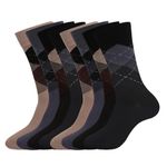 WANDER Men's Dress Socks Cotton Thin Classic Argyle Calf Socks Black Coffee Grey Tan Crew Socks (Shoe Size:13-15,8 Pairs Argyle Pattern)