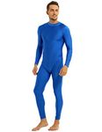 FEESHOW Mens Spandex Turtleneck Bodysuit Long Sleeve Full Body Jumpsuit Unitard Leotard Shapewear Blue L