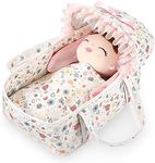 GAGAKU Soft Baby Doll Bassinet with Lace Canopy and Pillow Blanket 3 PCs Doll Carry Cot Set Play Baby Doll Carrier 13 inch - Pink Rose Garden