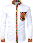 PARKLEES Men's African Dashiki Tribal Graphic Patchwork Long Sleeve Printed Grandad Collar Shirt PZZCL46 White XL