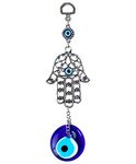 Demiwares Evil Eye Protection Charm, Hamsa Fatima Holy Hand with Evil Eye Glass, Metal Wall Hanging Home Decor for Good Luck and Blessings, Handmade Turkish Ornament