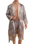 Haseil Men's Luxurious Kimono Robe with Shorts Silk Satin Bathrobes Lightweight Long Sleeve Sleepwear Set, Blue, Tagsize3XL=USsizeL