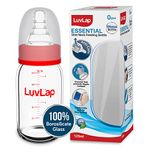 LuvLap Essential Slim Neck Glass Feeding Bottle, 125ml, 0m+/Babies Upto 3 Years, Made of Borosilicate Glass, BPA Free, Ergonomic Shape is Easy to Hold, with Anti Colic Nipple, White & Red, Pack of 1