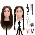 TwoWin Training Heads for Hairdressing, 20" 100% Real Hair Mannequin Head, Wig Styling Head, Cosmetology Hairdresser Manikin heads with Clamp and DIY Braiding Set (Brown)