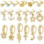18 Pcs Dangle Nose Ring L Shaped Dangling Nose Stud Cute Star Heart 20g Stainless Steel Nose Ring Hoop Indian Nose Piercing Jewelry with Charm (Gold)
