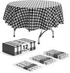 Exquisite 12 Pack Premium Round Plastic Checkered BBQ Tablecloth - Gingham Checkerboard Disposable Plastic Tablecloth 84 inch. Round (Black)