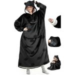 Mewaii Wearable Blanket Hoodie for Adults, Soft Flannel & Warm Sherpa, Black Cat Hooded Blanket with Giant Pocket, Extra-Long Knee-Length Sweatshirt for Lounging, Outdoor Walks, Cat Gifts for Women