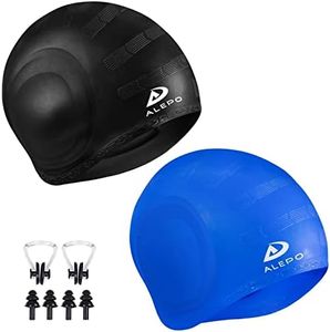 2 Pack Unisex Swim Caps with 3D Ear Protection, Durable Flexible Silicone Swimming Hats for Women Men Kids Adults, Bathing Swimming Caps for Short/Long Hair with Ear Plugs&Nose Clip