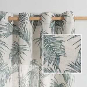 MYSKY HOME Linen Curtains for Living Room 84 inch Length 2 Panels Set Decor Semi Sheer Curtains Green Tropical Palm Leaves Plant Pattern Window Drapes for Bedroom Dining Room Patio, Green, 2 Pcs