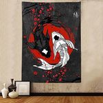 Japanese Yin Yang Koi Fish Tapestry, Cool Red and Black Anime Sakura Art Tapestries Vertical Wall Hanging for Men Bedroom Living Room Office Decor 40X60", Asian Cherry Blossoms Poster Blanket